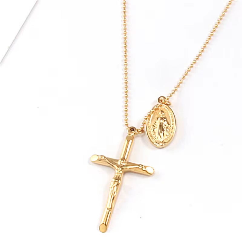 18K Gold Plated Stainless Steel Jewelry Gift Charm Cross Oval Pendant Necklace for Women