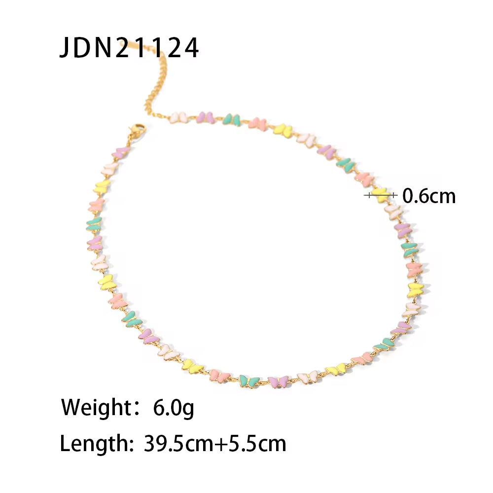 18K Gold Stainless Steel Dripping Oil Bracelets Colorful Enamel Butterfly Choker Necklace Set