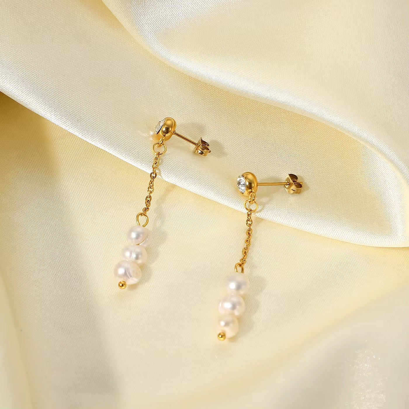 14K Gold Plated Stainless Steel Jewelry Gift Waterproof Cubic Zirconia Long Chain Pearl Earrings