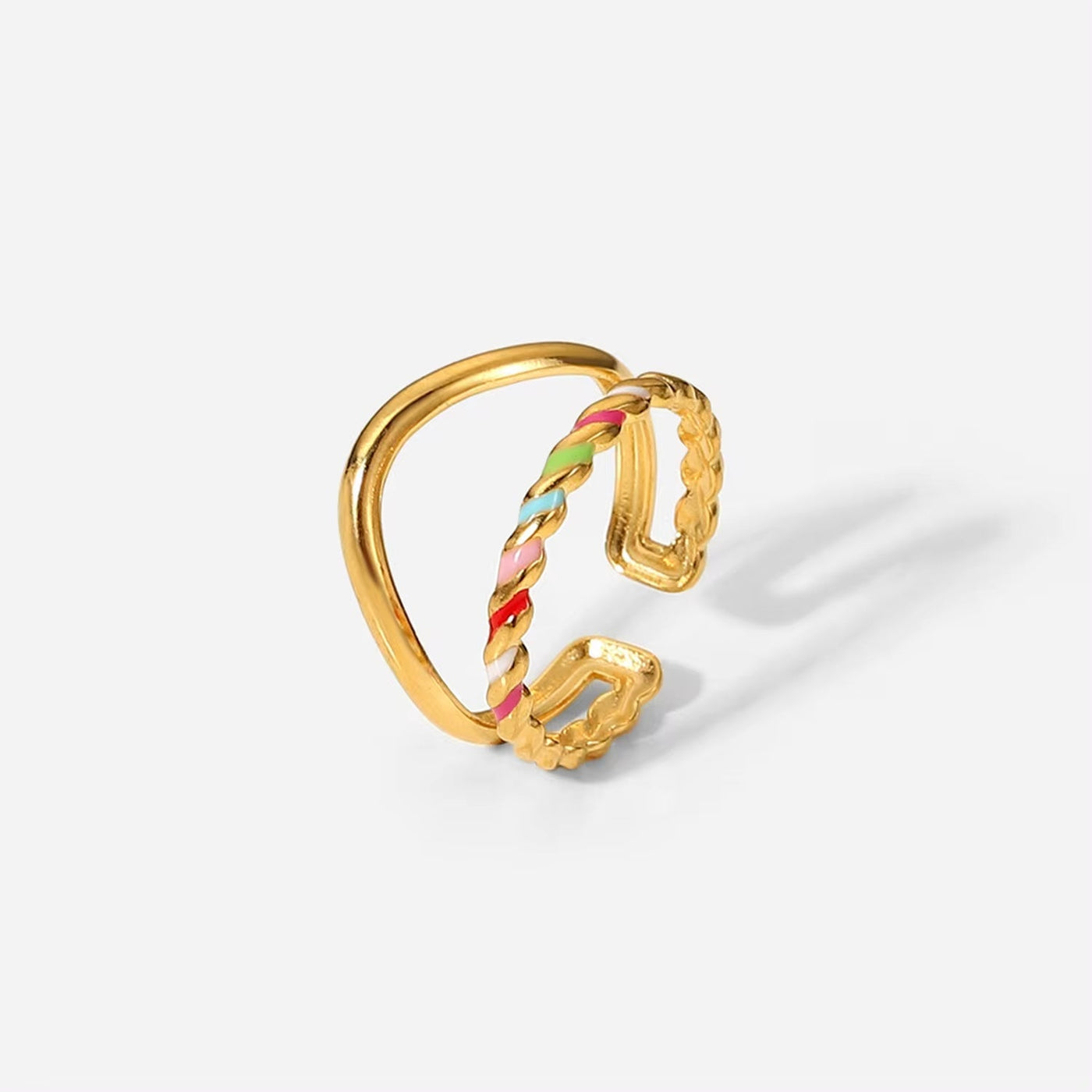 Cheap Stainless Steel 18K Gold Plated Enamel Colorful Dripping Oil Twist Double-Layer Opening Ring