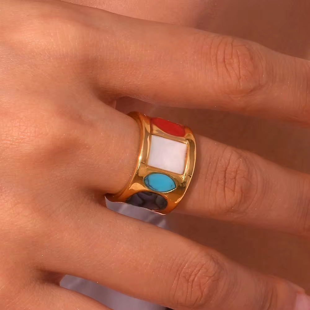 New Design Geometric Turquoise Signet Ring Gold Plated Stainless Steel Statement Jewelry