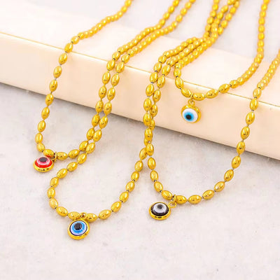 Wholesale Custom Stainless Steel Jewelry 18K PVD Gold Plated Oval Rice Bead Eyes Pendant Necklace for Women