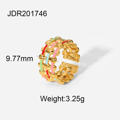 Woven Cross Wide Band Jewelry Women Stainless Steel Rings 18K Gold Colorful Oil Dripping Adjustable Open Rings