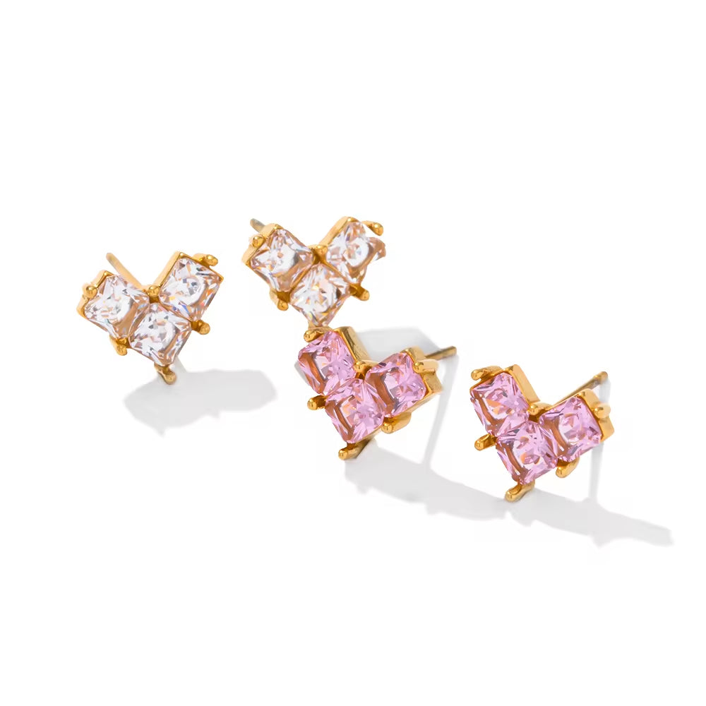 Romantic 3 Zircon Heart-Shape Stud Earrings Dainty Stainless Steel 18K Pvd Gold Plated Statement Earrings