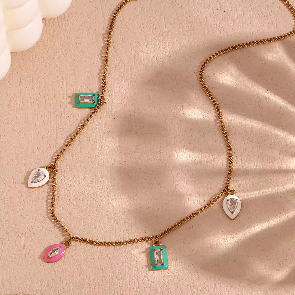 Shining Zircon Enamel Charm Necklace Gold Plated Jewelry Water Drop Choker Necklace Stainless Steel Necklace