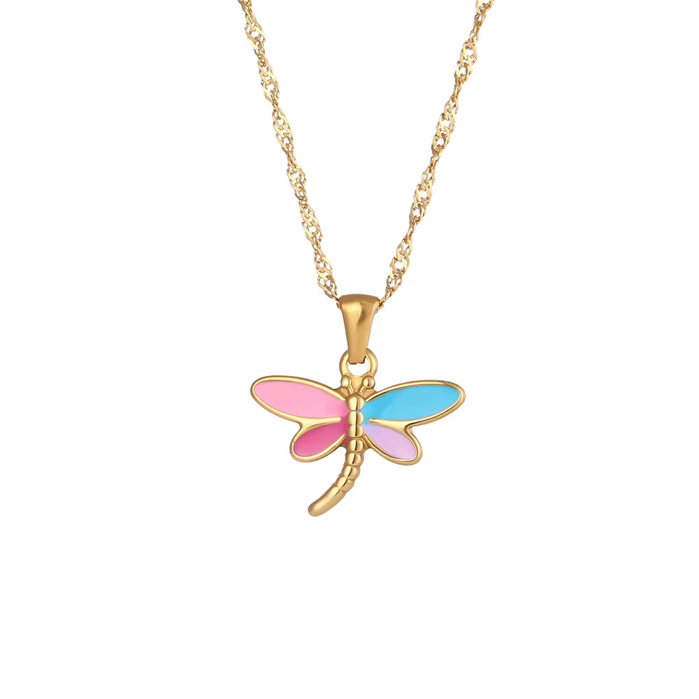 Colorful Enamel Angel Dragonfly Pendant Necklaces 18K Gold Plated Stainless Steel Jewelry Set