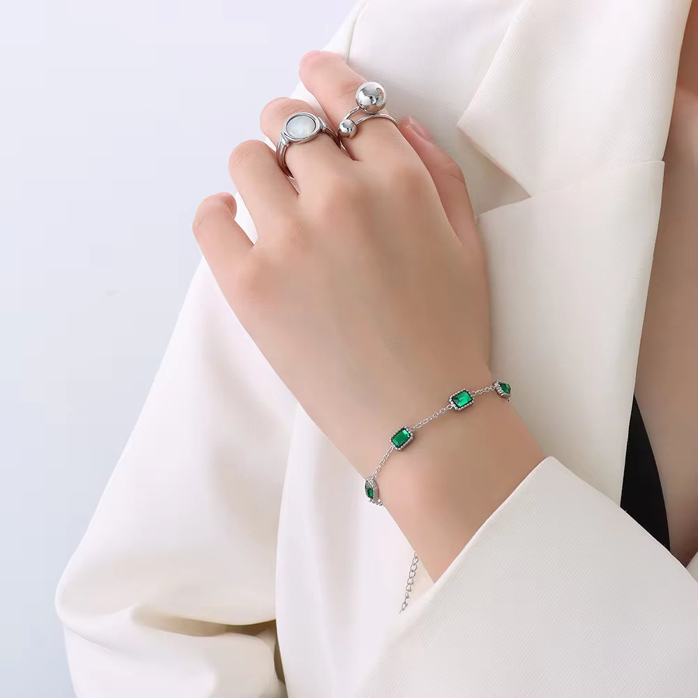 Factory OEM Trendy Goldfilled Jewelry Stainless Steel Crystal Bracelets Women Emerald Square Zircon Bracelet