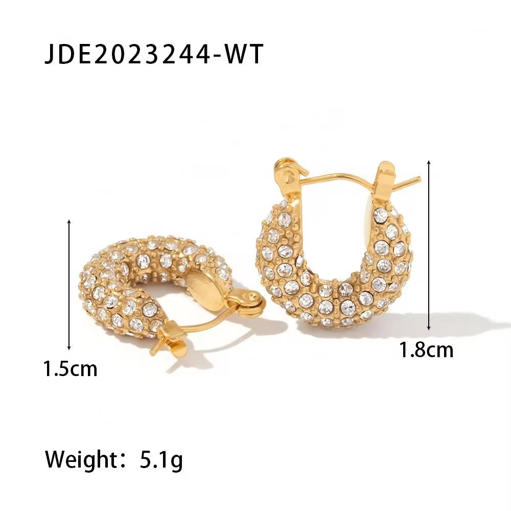 18K Gold Plated Stainless Steel Dainty Hammered Surface White Cubic Zircon Hoop Earrings for Gift