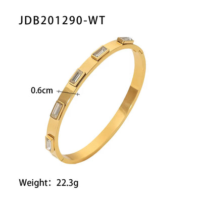 Waterproof Simple Stainless Steel Oval Cubic Zircon Gold Open Cuff Bracelet Bangle for Girls