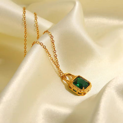 Lovely Jewelry Stainless Steel Lock Shape Green Cubic Zirconia Lock Pendant Necklace for Women