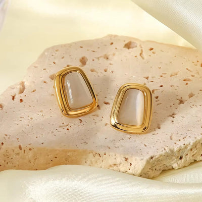 Ins Gorgeous 14K Gold Plated Rectangular Opal Simple Design Stainless Steel Stud Earrings for Ladies