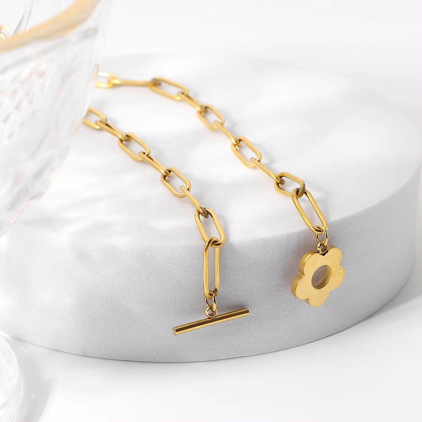 18K Gold Cute Flower OT Buckle Choker Stainless Steel Paper Clips Chain Necklace for Gifts