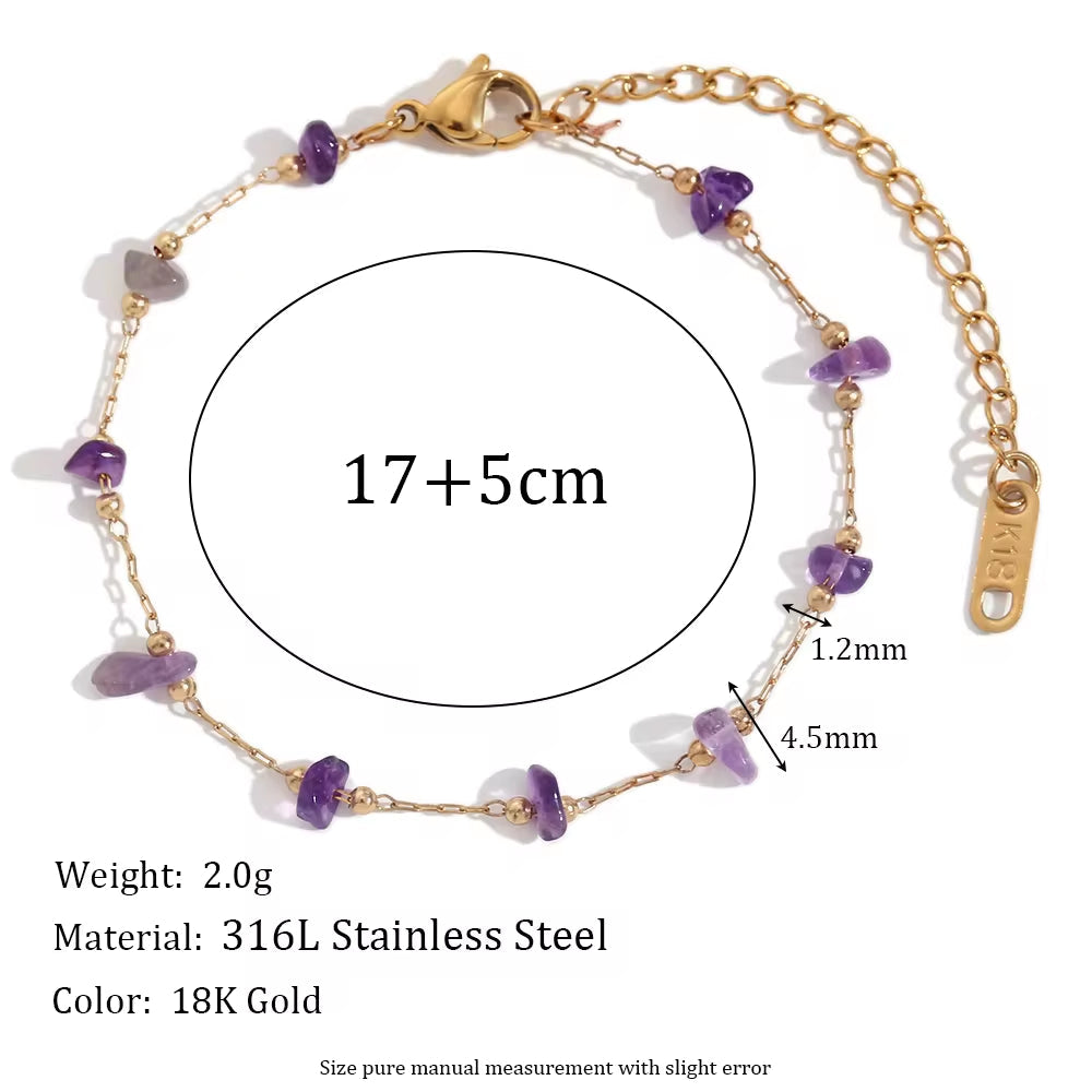 Purple Crystal Choker Gemstone Beaded Gold Plated Necklace Stainless Steel Jewelry Valentines Day Gift 2024