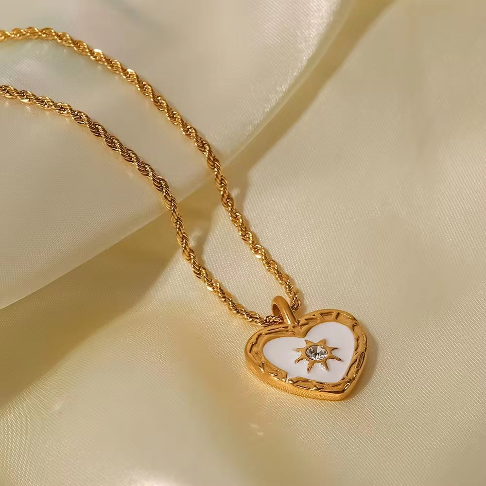 Vintage Jewelry Rope Chain Star Necklace Stainless Steel Clear Zircon Heart Pendant Necklace