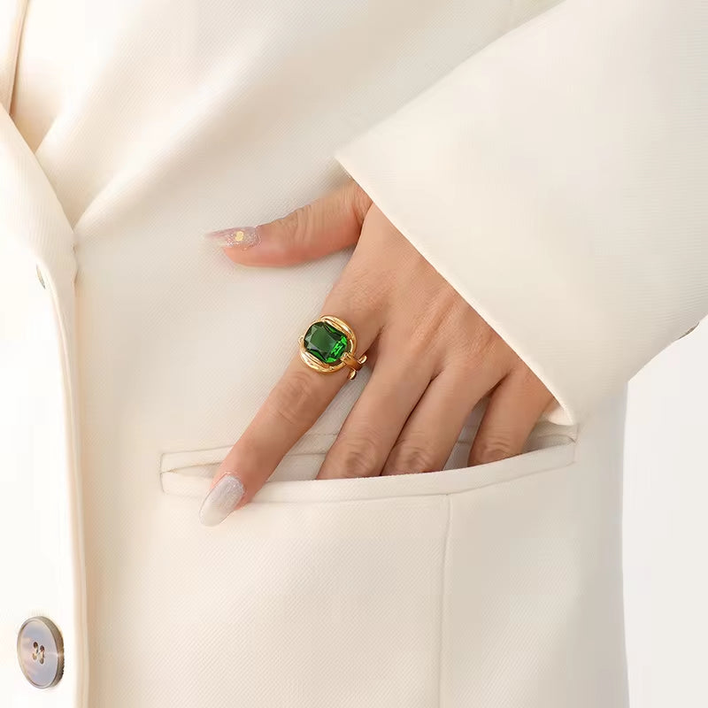 Gold Plated Stainless Steel Link Chain CZ Finger Titanium Steel Green Ring for Women