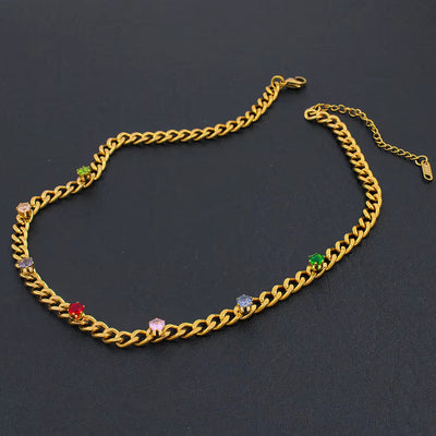 USENSEN 18K Gold Plated Stainless Steel Jewelry Colorful Zircon Cuban Chain Chokers Necklace Do Not Fade Emerald Necklaces