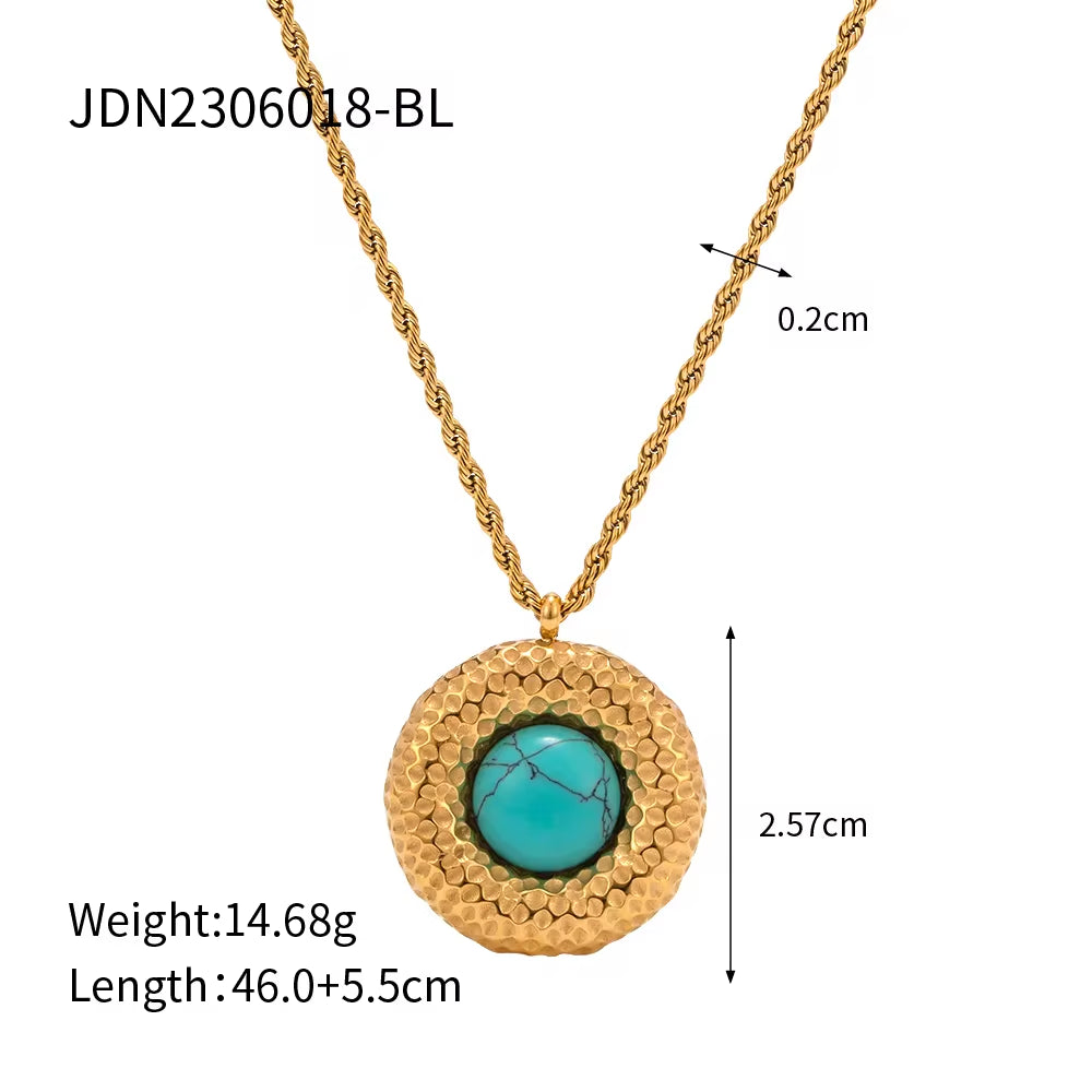 Turquoise Winding Circle 18K Gold Plated Stainless Steel Cat Eye Stone Vortex Pendant Necklace for Women