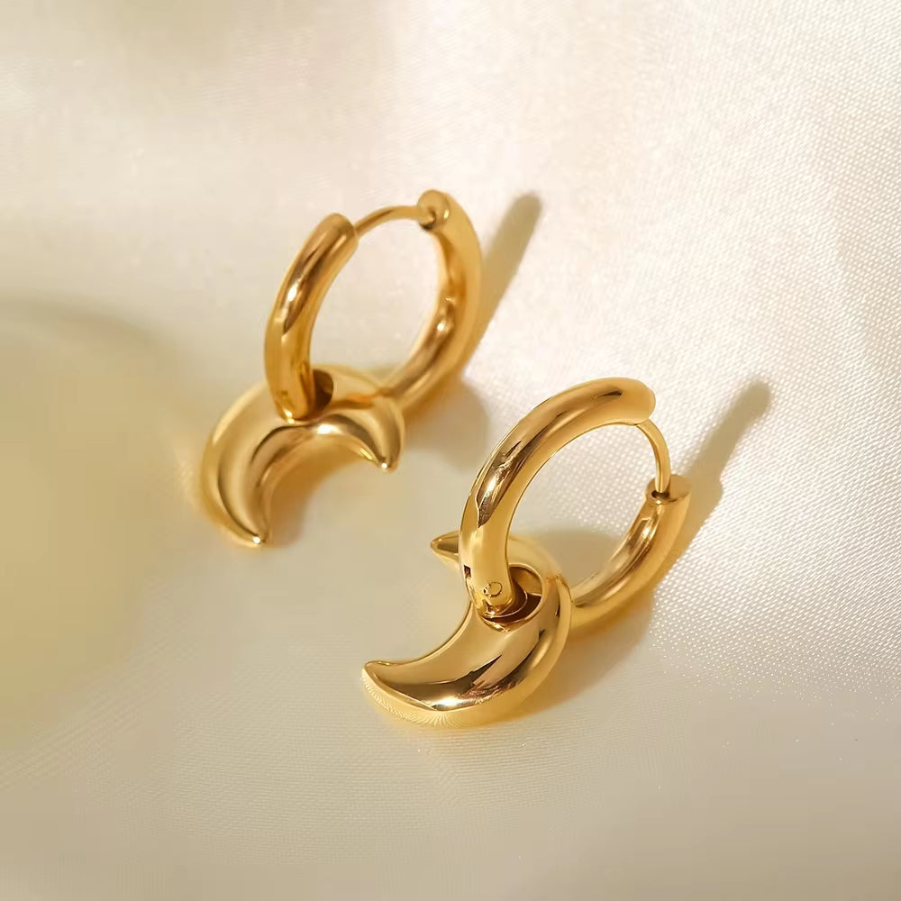 New Design 16K Gold Plated Crescent Shape Simple Design Stainless Steel Drop Earrings for Daily Wearing