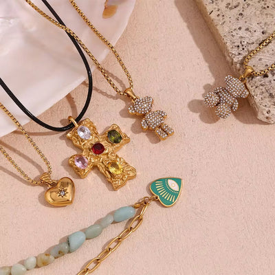 Trend 2024 Shining Zircon Teddy Bear Cross Necklace Jewelry Set for Woman Gold Plated Stainless Steel Jewelry