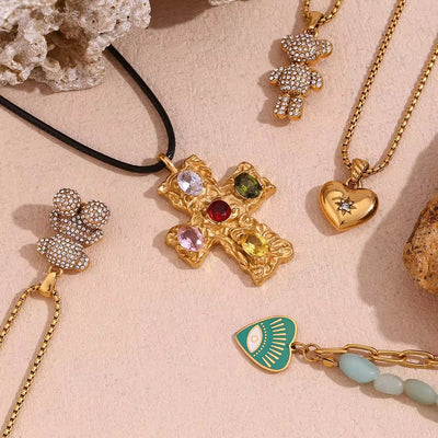 Trend 2024 Shining Zircon Teddy Bear Cross Necklace Jewelry Set for Woman Gold Plated Stainless Steel Jewelry