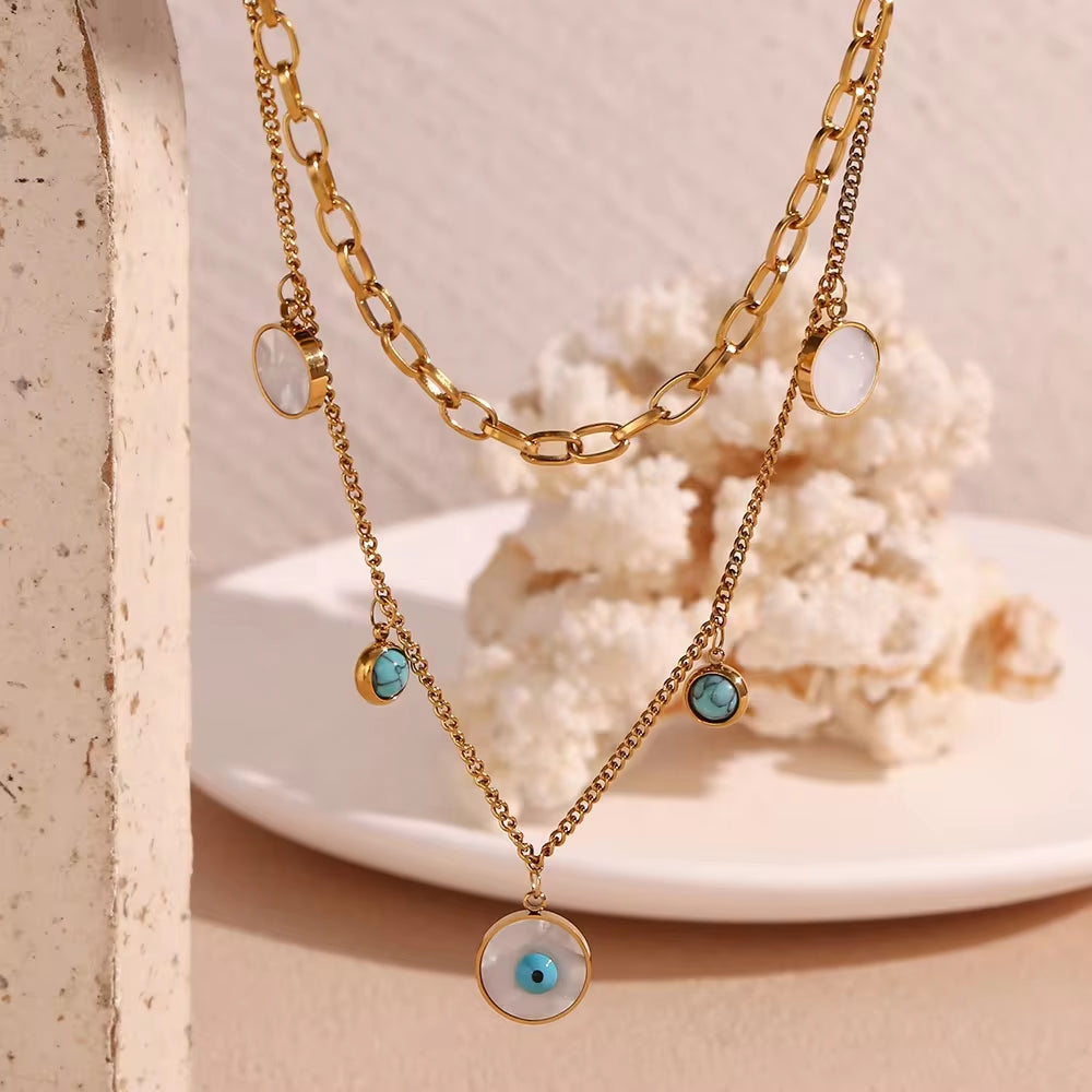 Turquoise Evil Eye Charm Necklace Double Layer Chain Necklace Gold Plated Stainless Steel Jewelry