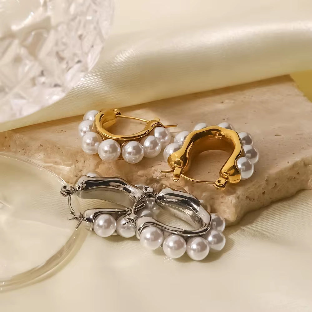 18K Gold Plated Silver Plated Stainless Steel White Pearl U Shape Large Hoop Earrings Jewelry