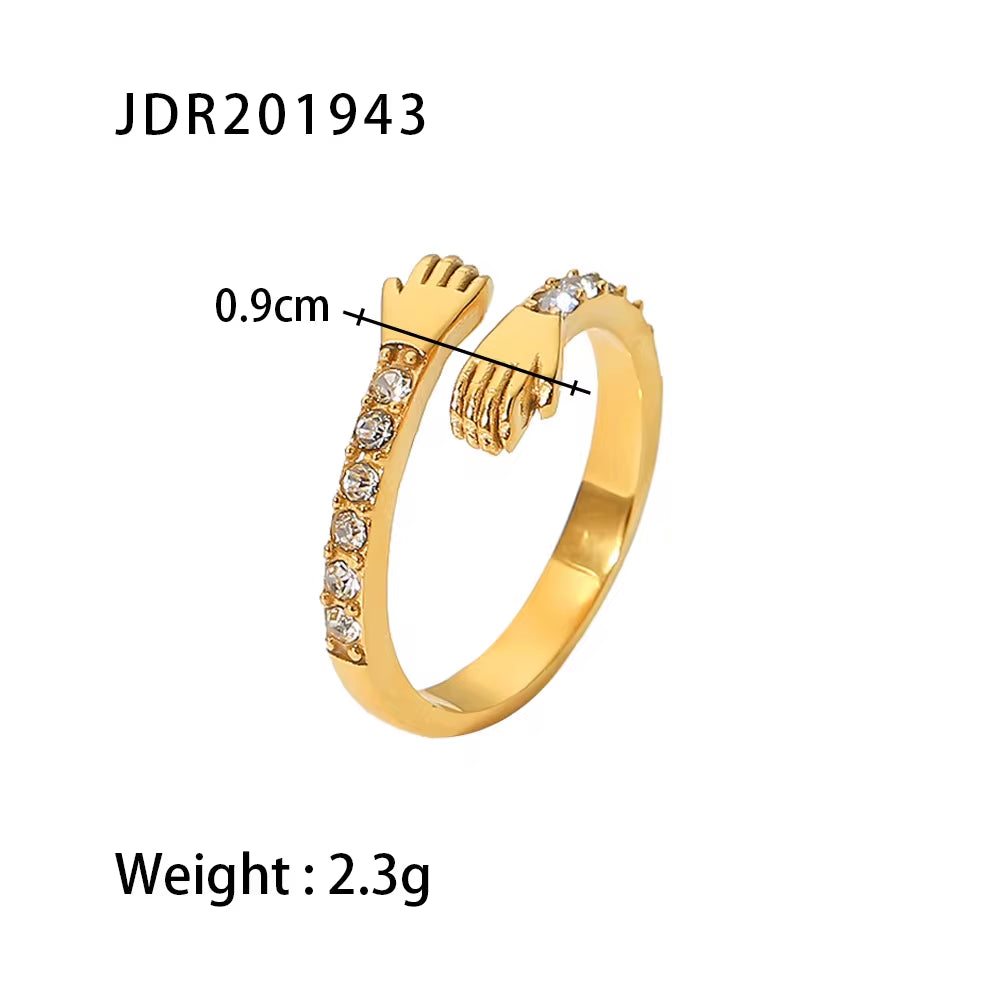 18K Gold Plated Two Hands Hug Shape Cubic Zirconia Stainless Steel Rings Adjustable for Daily Wearing