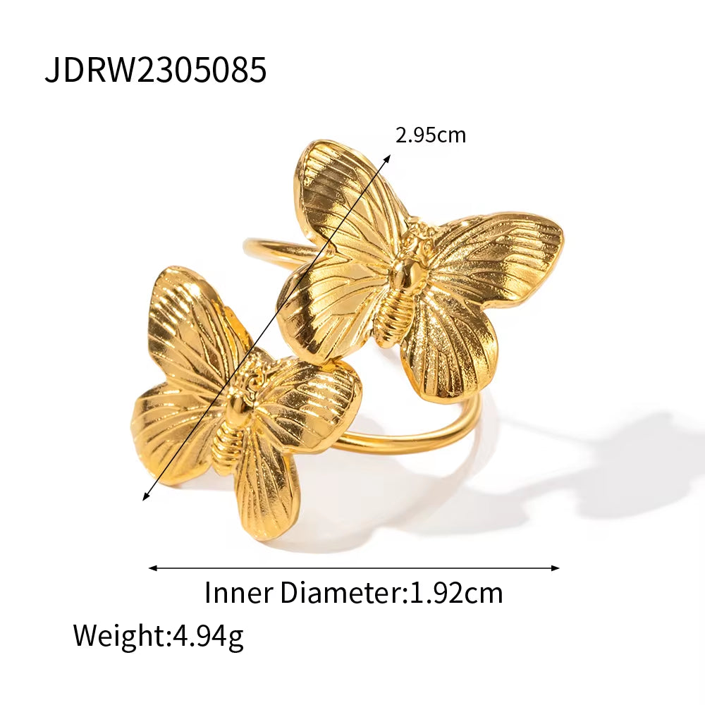 2023 New Trend 18K Gold Plated Butterfly Series Chunky Stainless Steel Open Rings Fashion Jewelry