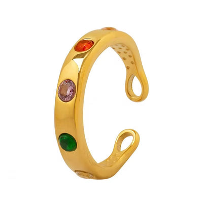 Stainless Steel 18K Gold Plated Colorful Zircon Personality Ring for Women