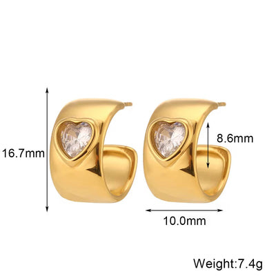 Valentines Day Gift Shining Heart Shape Zircon Chunky Hoop Earrings for Women Stainless Steel Jewelry