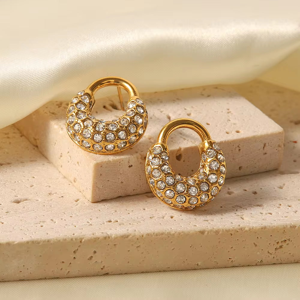 Full Cubic Zircon Lock Shiny 18K Gold Plated Stainless Steel Hoop Earrings Women Jewelry