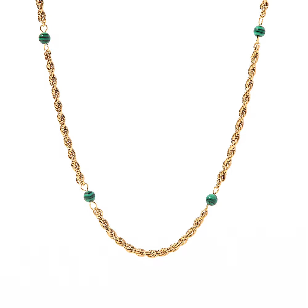 Geometric round Bead Chain Necklace Stainless Steel Rope Chain Green Malachite Bead Necklace