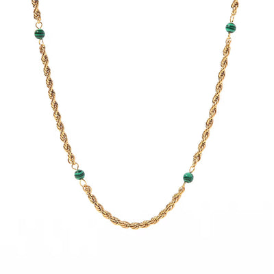 Geometric round Bead Chain Necklace Stainless Steel Rope Chain Green Malachite Bead Necklace