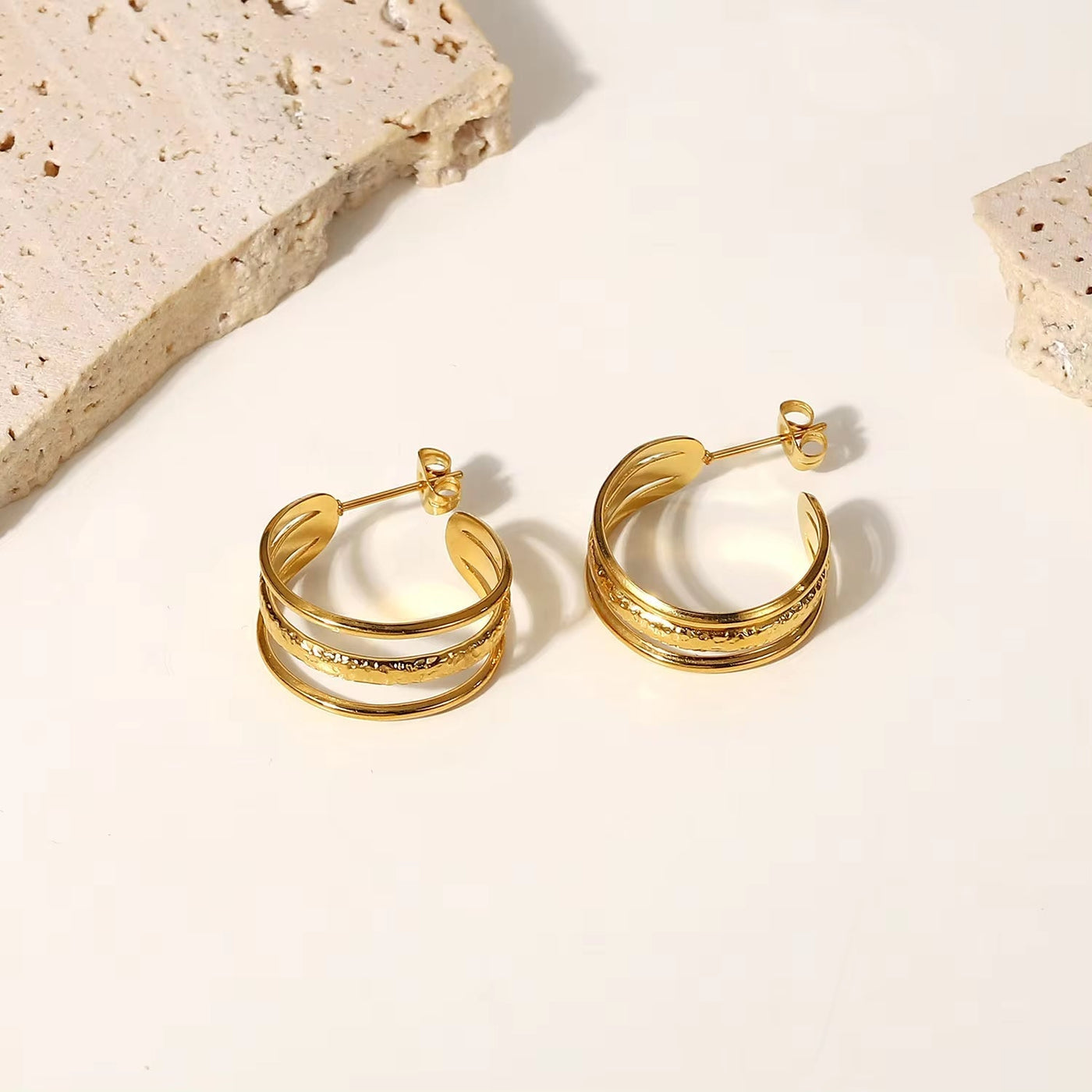 Trendy Statement Circle 18K Gold Plated Geometric Earrings Three Triple C Shape Stainless Steel Hoop Earrings for Women