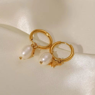 18K Gold Plated Stainless Steel Freshwater Pearl Star Charm Dainty Pendant Hoop Earrings for Women