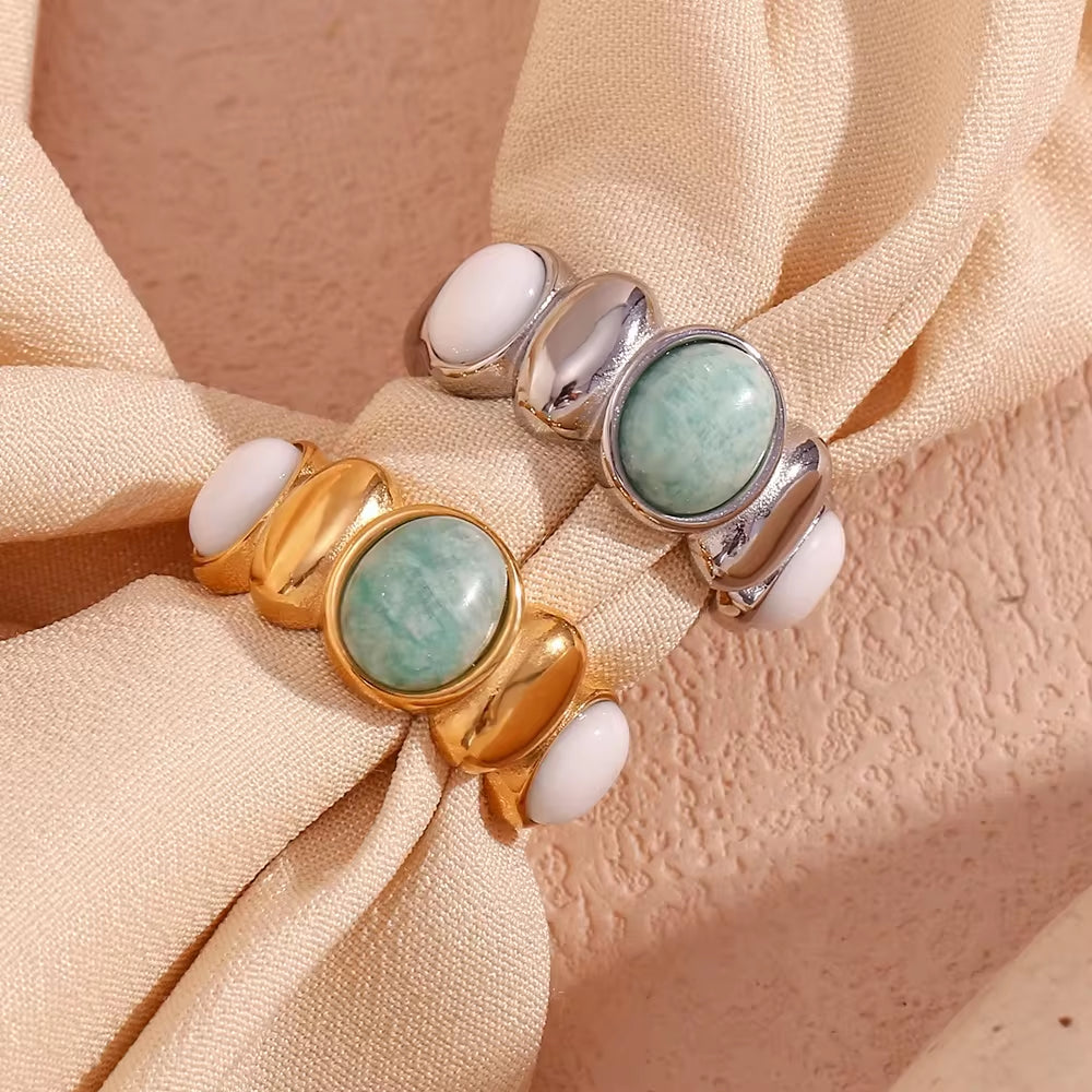 Oval Amazonite Gemstone Jewelry Natural Stone Gold Plated Rings Stainless Steel Rings Jewelry Women