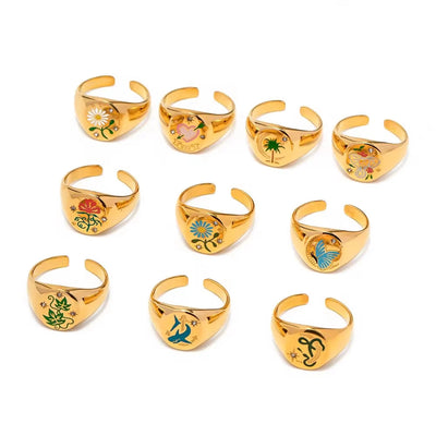 Spring Collections 18K Gold Plated Flower Tree Animal Pattern Rings Set Jewelry Fashion Colorful Oil Drop Ring