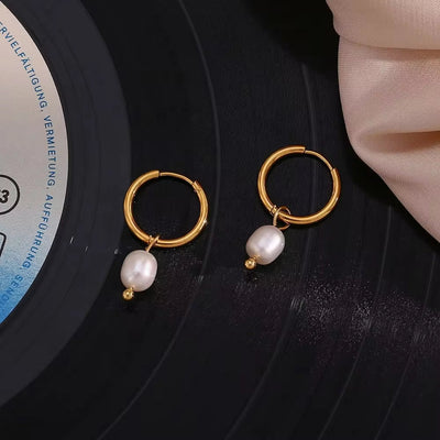 Drop Ship Elegant Fresh Water Pearl Drop Earring 18K Gold Plated Stainless Steel Gold Hoop Earring