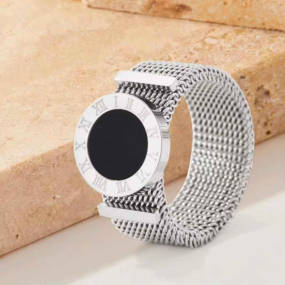 Ins Fashion 8Mm Wide Women&Men Watch Band Ring Stainless Steel Mesh Roman Numeral Shell Ring