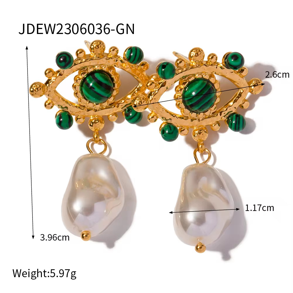 Fashion Stainless Steel Jewelry Plated 18K Gold PVD Turquoise Pearl Evil'S Earrings for Women