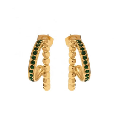 Layer Beads Chain Design Green Cubic Zircon Statement 18K Gold Plated Stainless Steel Hoop Earring