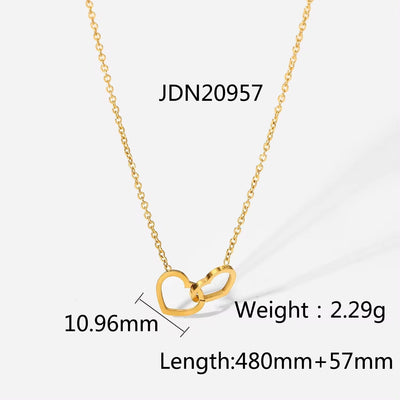 Romantic Gift Stainless Steel 18K Gold-Plated Thin Chain Double Heart Ring Pendant Necklace for Women