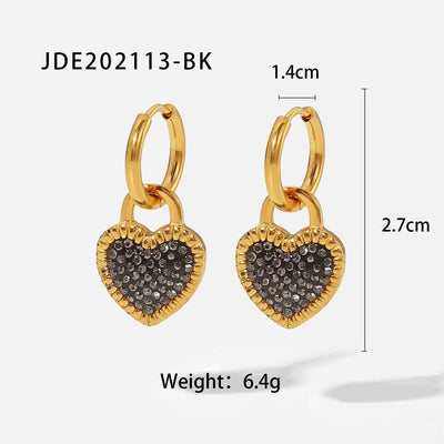 INS Trendy Stainless Steel 18K Gold Plated Earrings Girls Black Cubic Zirconia Heart Hoop Earrings for Women