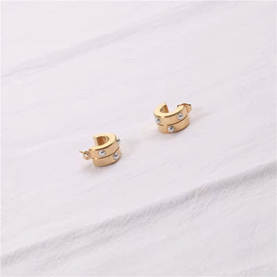 Hyperbole Half round Chunky Stud Earring 18K Gold Plated Stainless Steel Pearl Inlay Double Layer C Shape Hoop Earring