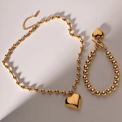 18K Gold PVD Stainless Steel Heart Shaped Beaded Bracelets Necklace for Women Fashion Jewelry