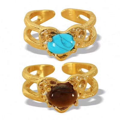 JEWELRY JZ17-8 2024 Vintage Heart Ring Tiger Eye Turquoise Ring Stainless Steel Ring