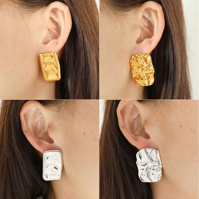 JEWELRY EH270-1 Fashion Lava Ruffles Hammered Delicate Earrings Stainless Steel Gold Plated Rectangle Geometric