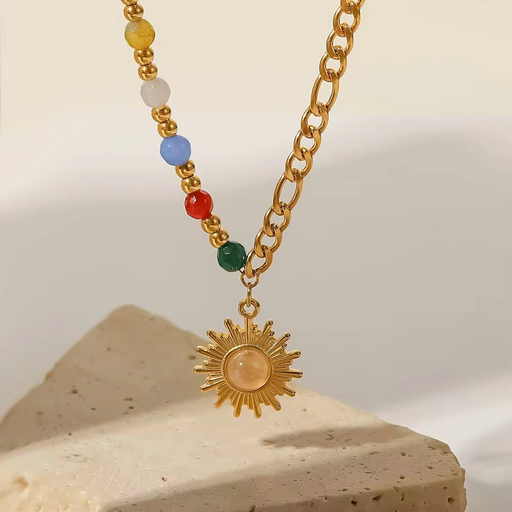 New Stainless Steel 18K Gold Half Color Bead Chain Half Figaro Chain Natural Opal Stone Sun Pendant Necklace