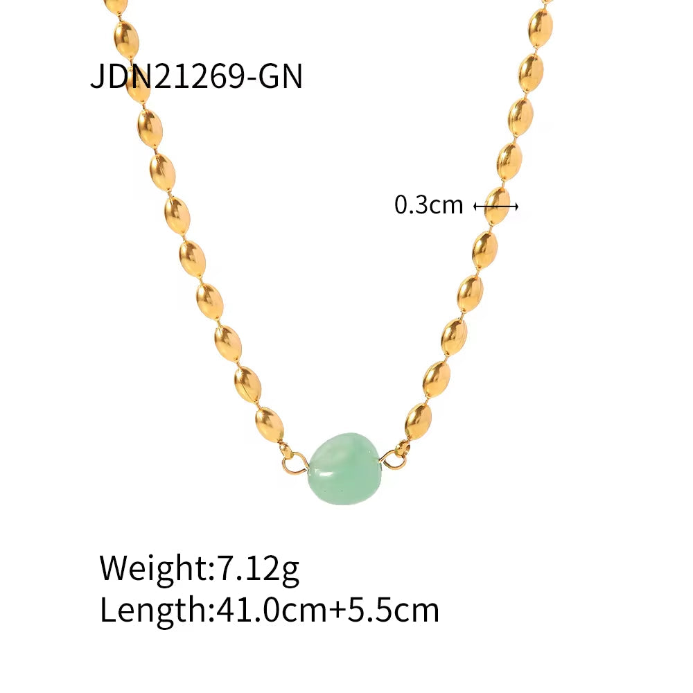 Stainless Steel 18K Gold Plated Jewelry Green Natural Stone Oval Golden Bead Necklace for Women