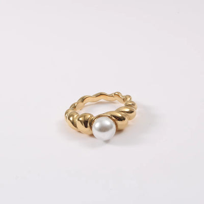 Waterproof Statement 18K Gold Plated Big Fresh Water Pearl Twisted Ring Chunky Twist Rope Chain Stainless Steel Ring